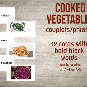 以下が含まれることがあります： 調理された野菜に関するゲーム用の、印刷可能なカードが12枚。カードには、クリームほうれん草、フライドオニオン、赤キャベツの煮込みが描かれています。カードのテキストは太字の黒文字です。