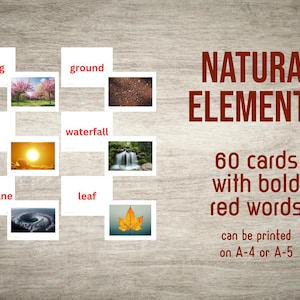 May include: A set of 60 flashcards featuring images and words related to natural elements. The words are printed in bold red letters. The cards can be printed on A-4 or A-5 paper.