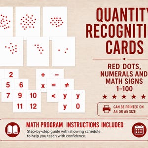 May include: Quantity recognition cards featuring red dots, numerals, and math signs. The text reads: QUANTITY RECOGNITION CARDS, RED DOTS, NUMERALS AND MATH SIGNS 1-100, CAN BE PRINTED ON A4 OR A5 SIZE, MATH PROGRAM INSTRUCTIONS INCLUDED.