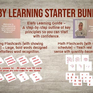 May include: A colorful image promoting a baby learning starter bundle. The bundle includes reading flashcards with a schedule, math flashcards with a schedule, and an early learning guide. The text "BABY LEARNING STARTER BUNDLE" is at the top of the image.
