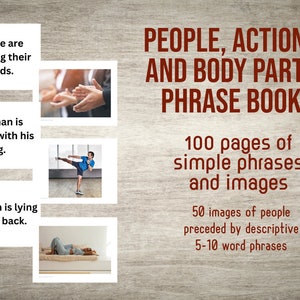 Può includere: Una copertina di libro con il titolo "People, Actions and Body Parts Phrase Book". La copertina presenta uno sfondo in legno con tre immagini di persone che eseguono azioni diverse. Il testo sulla copertina indica che il libro contiene 100 pagine di frasi semplici e immagini, 50 immagini di persone e frasi di 5-10 parole.