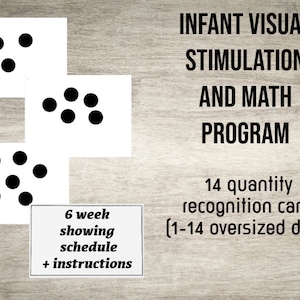 May include: A set of 14 quantity recognition cards for infants. The cards feature black dots on a white background, with each card showing a different number of dots from 1 to 14. The cards are designed to help infants learn to recognize numbers and quantities. The set also includes a 6-week showing schedule and instructions.