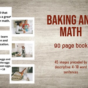 Puede incluir: Un libro titulado "Baking and Math" con el texto "90 page book". La portada incluye imágenes y texto: "I heard that kitchen is a great place for math." y "We can learn addition and multiplication."