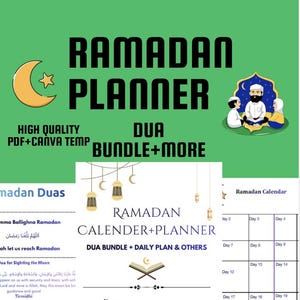 Op de afbeelding: Een groene Ramadan Planner met de woorden "Ramadan Planner" in grote, vette, zwarte letters. De planner bevat een kalender, dua's en een bundel met meer bronnen.