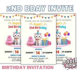 Convite de aniversário para duas pessoas editável, convite de 2º aniversário editável para download, convite de 2º aniversário para menino, cores primárias digitais
