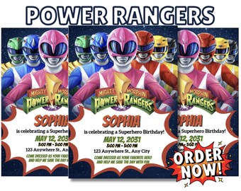 Pink Power Rangers Birthday Invitation | Editable Canva Superhero Party Template (Digital Download)