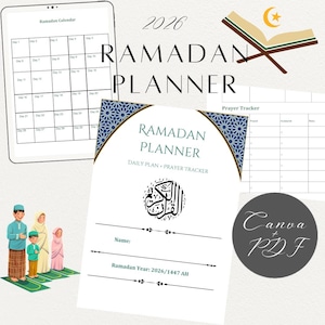 Op de afbeelding: Een digitale Ramadan-kalender en -planner met de tekst "2026 Ramadan Planner". De planner bevat een dagelijks plan en gebedstracker, met een decoratieve rand. Een familie-illustratie en een open boek met een maan worden ook getoond.