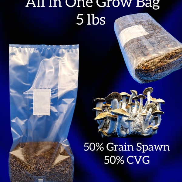 Magical All-in-One Mushroom Grow Bag  - 5 lbs, half Grain Spawn, half CVG Coco coir Bulk Substrate. Easily Grow Mushrooms, Just inoculate!