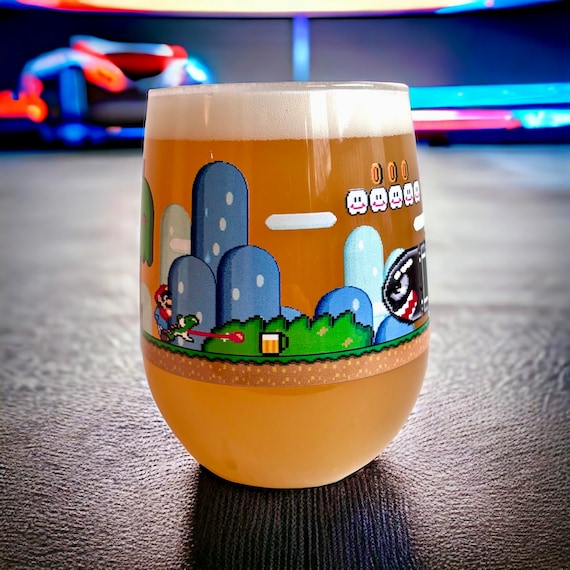 Super Mario Beer Glass: 16oz Nintendo Collectible Cup for gamers, yoshi snes birthday gift