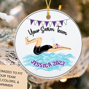 Personalized Swim Ornament, Ceramic Swimmer Ornament Gifts, Swim coach team gift, Swim instructor swimming ornaments, tween swim christmas