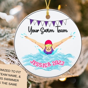 Personalized Swim Ornament, Ceramic Swimmer Ornament Gifts, Swim coach team gift, Swim instructor swimming ornaments, tween swim christmas