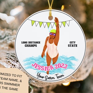 Personalized Swim Ornament, Ceramic Swimmer Ornament Gifts, Swim coach team gift, Swim instructor swimming ornaments, tween swim christmas