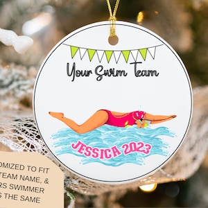 Personalized Swim Ornament, Ceramic Swimmer Ornament Gifts, Swim coach team gift, Swim instructor swimming ornaments, tween swim christmas
