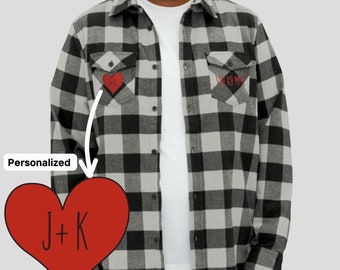 Goth Skeleton Valentines Unisex Custom Thick Flannel Shirt, Monogram Couples Anniversary Initials Personalized Heart 90s Gift for Women Men