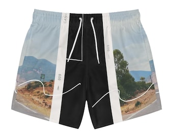 Scenic Landscape Swim Trunks, Board Shorts Beachwear with Elastic Waistband, Coastal Road Design, Men&#39;s Swimwear