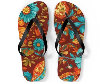 Bohemian Floral Flip Flops - Vibrant Orange & Yellow Flower Sandals for Summer, Artistic Footwear, Beach Shoes, Stylish Pool Slides,