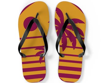 Beach Ready Flip-Flops, Summer Sandals, Tropical Footwear, Vacation Shoes, Palm Tree Thongs, Orange and Black Slippers