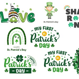 May include: A collection of St. Patrick's Day themed digital clipart featuring a gnome, a rainbow, shamrocks, beer mugs, and various text designs. The text includes "Happy St. Patrick's Day", "Lucky Day", "Shamrock", "My First St. Patrick's Day", and "Patrick's Day".