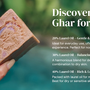 May include: A brown bar of soap with a label that reads "Discover the right Ghar for you". The soap is held in a hand. The text below the label describes the different types of soap available, including 20% Laurel Oil, 30% Laurel Oil, and 40% Laurel Oil.