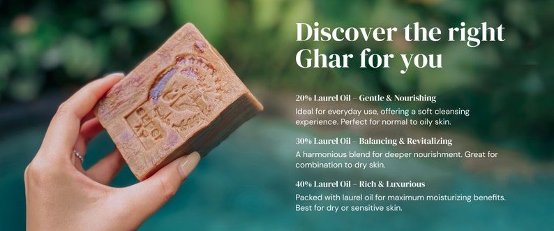 May include: A brown bar of soap with a label that reads "Discover the right Ghar for you". The soap is held in a hand. The text below the label describes the different types of soap available, including 20% Laurel Oil, 30% Laurel Oil, and 40% Laurel Oil.