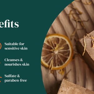 May include: A close-up of a brown bar of soap with the word "TOP" embossed on it. The soap is made with natural ingredients and is free of sulfates and parabens. It is suitable for sensitive skin.