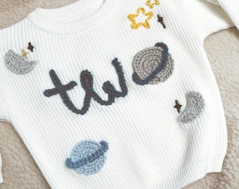 TWO the Moon Custom Hand Embroidered Knit Sweater for Babies | Birthday Outfit | Milestone Outfit | 2nd Birthday Outfit & Keepsake