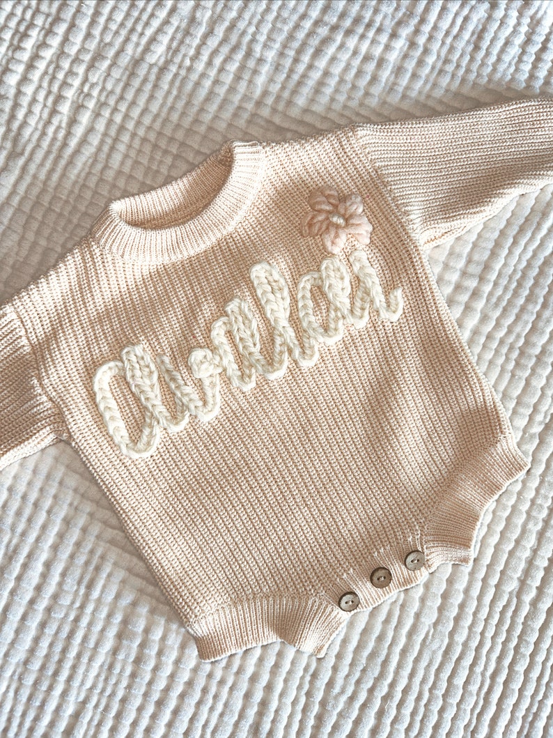 Hand Embroidered Knit Sweater Romper for Babies Baby Hospital Outfit Custom Sweater Milestone Outfit 1st Birthday Sweater & Keepsake image 5