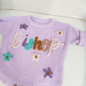 Hand Embroidered Knit Sweater Romper for Babies Baby Hospital Outfit Custom Sweater Milestone Outfit 1st Birthday Sweater & Keepsake image 2