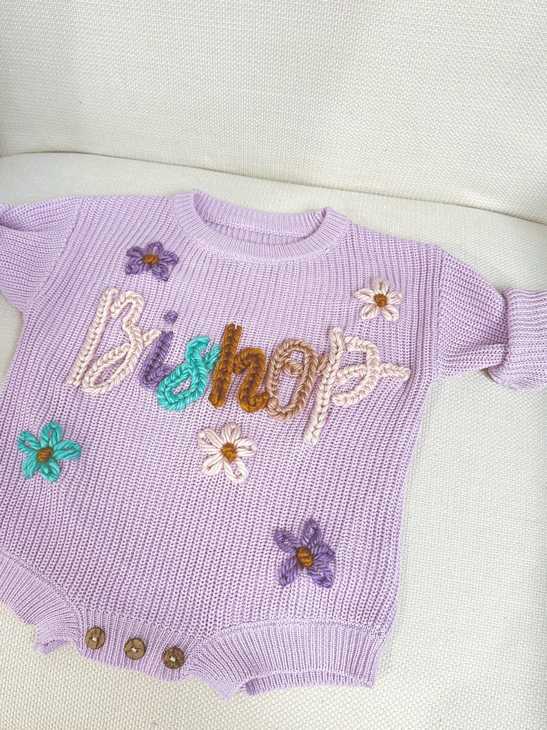 Hand Embroidered Knit Sweater Romper for Babies Baby Hospital Outfit Custom Sweater Milestone Outfit 1st Birthday Sweater & Keepsake image 2