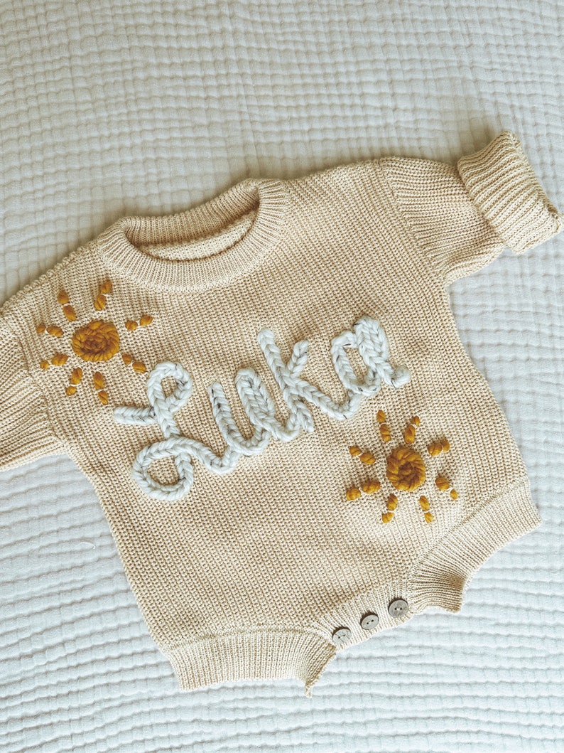 Hand Embroidered Knit Sweater Romper for Babies Baby Hospital Outfit Custom Sweater Milestone Outfit 1st Birthday Sweater & Keepsake image 4