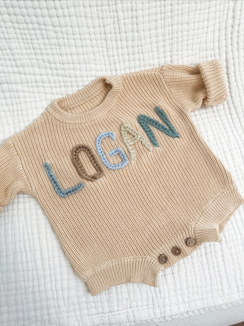 Hand Embroidered Knit Sweater Romper for Babies Baby Hospital Outfit Custom Sweater Milestone Outfit 1st Birthday Sweater & Keepsake image 3