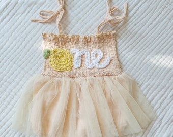 One Tutu Romper First Birthday Outfit | Hand Embroidered One Romper | 1st Birthday Romper | Lemon Birthday Theme | 1st Birthday Girl Outfit
