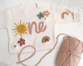 ONE Hand Embroidered Knit Sweater for Babies | 1st Birthday Outfit | Sunshine Birthday Outfit | First Trip Around the Sun Birthday Party |
