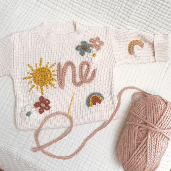 ONE Hand Embroidered Knit Sweater for Babies | 1st Birthday Outfit | Sunshine Birthday Outfit | First Trip Around the Sun Birthday Party |