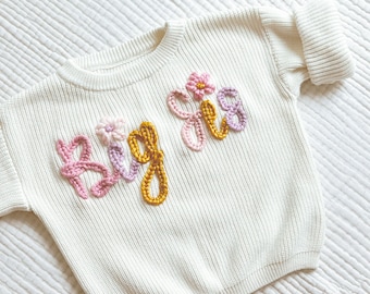 Custom Big Sis + Lil Sis Sweaters | Matching Sibling Sweaters for Toddlers | Hand Embroidered Sweaters | Big Bro + Lil Bro Matching