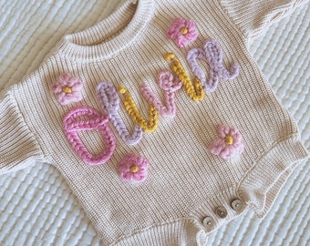 Hand Embroidered Knit Sweater Romper for Babies | Baby Hospital Outfit | Custom Sweater | Milestone Outfit | 1st Birthday Sweater & Keepsake