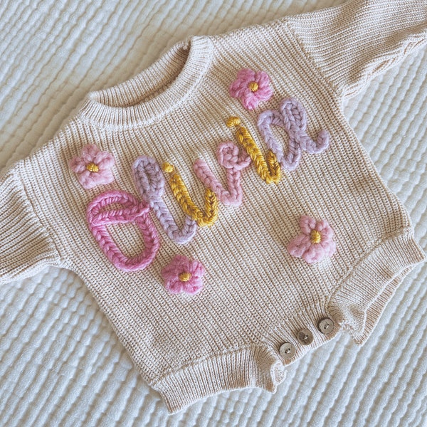 Hand Embroidered Knit Sweater Romper for Babies | Baby Hospital Outfit | Custom Sweater | Milestone Outfit | 1st Birthday Sweater & Keepsake