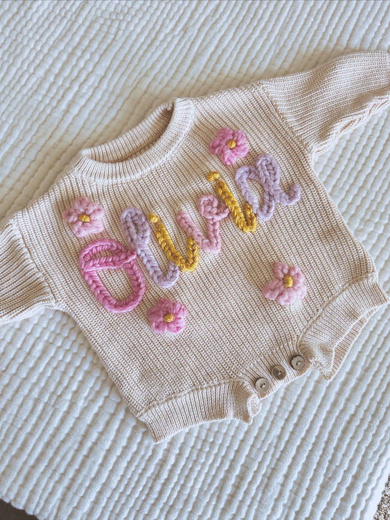 Hand Embroidered Knit Sweater Romper for Babies Baby Hospital Outfit Custom Sweater Milestone Outfit 1st Birthday Sweater & Keepsake image 1