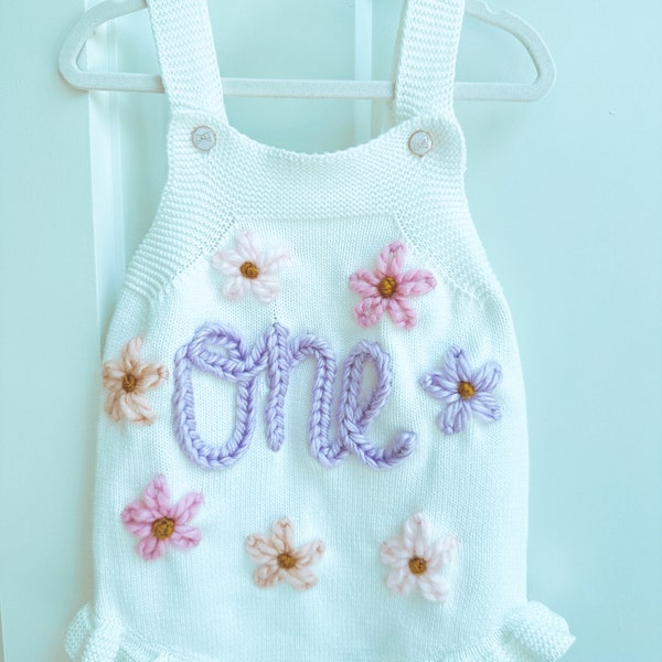 One Romper | First Birthday Outfit | Baby Girl First Birthday | Custom Name Romper | Daisy Birthday Theme | Hand Embroidered Outfit