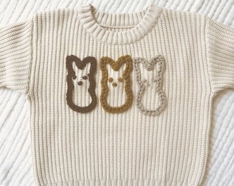 Peeps Neutral Easter Outfit | Easter Bunny Peeps Sweater for Babies | Pastel Bunny Baby Sweater | Hand Embroidered Easter Sweater
