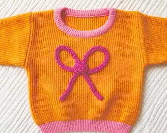 Toddler Bow Sweater | Hand Embroidered Bow Sweater | Pink Bow Baby Girl Outfit |