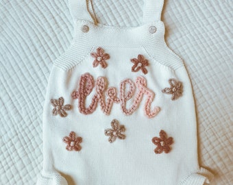 Hand Embroidered Knit Ruffle Romper for Babies | Baby Girl Summer Outfit | Custom Name Romper | Milestone Outfit | 1st Birthday Outfit