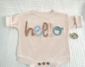 Hand Embroidered Gender Neutral Baby Sweater for Hospital Outfit | Custom Embroidered Sweater | Baby Announcement