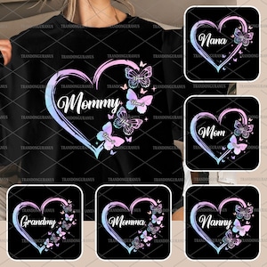 Bundle coeur de maman personnalisé avec prénom enfant png, amour de maman png, joyeuse fête des mères, conception de chemise personnalisée coeur et papillon, cadeau pour grand-mère