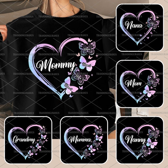 Bundle Custom Mom Heart With Kids Name Png, Mama Love Png, Happy Mother's Day, Customized Heart And Butterfly Shirt Design, Gift For Grandma