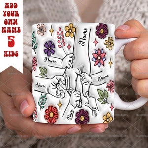 Benutzerdefinierte haltende Mamas Hand und 5 Kinderhände Png, 3D-aufgeblasenes Mama-Effekt-Becherdesign, Muttertags-Blumentasse, haltende Omas Hand Png