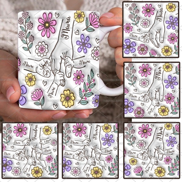 Paquete personalizado hasta 6 niños sosteniendo la mano de mamá Taza con efecto inflado 3D Png, sosteniendo la mano de la abuela, taza floral de mamá de 11 oz, floral del día de la madre