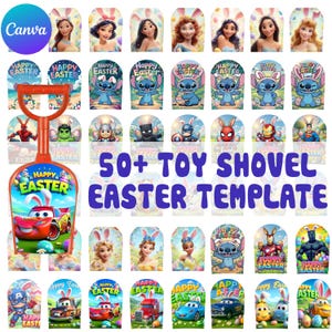 Op de afbeelding: Een verzameling Paas-thema speelgoed schep sjablonen met verschillende stripfiguren en prinsessen. De sjablonen tonen de tekst "Vrolijk Pasen" en "50+ Speelgoed Schep Paas Sjabloon". De hoofdschep is rood met een Cars-afbeelding.