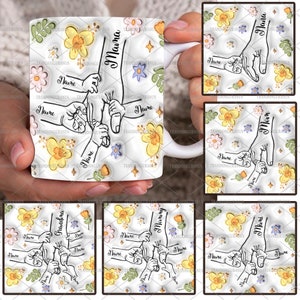 Bundle Custom Bis zu 6 Kinder, die Mamas Hand halten 3D Aufgeblasener Effektbecher Png, Omas Hand halten, Mama Floral 11 Unzen Becher, Muttertag Floral