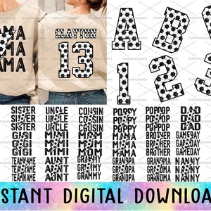 Bundel gepersonaliseerde voetbal mama png, voetbalteam png, moeder bliksemschicht, cadeau voor speler, voetbalnummer en alfabet png, voetbalspeldag
